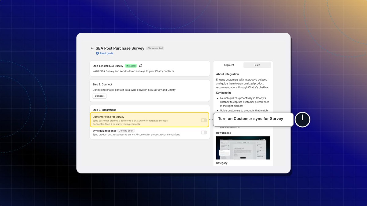 The Customer sync for Survey toggle in Step 3