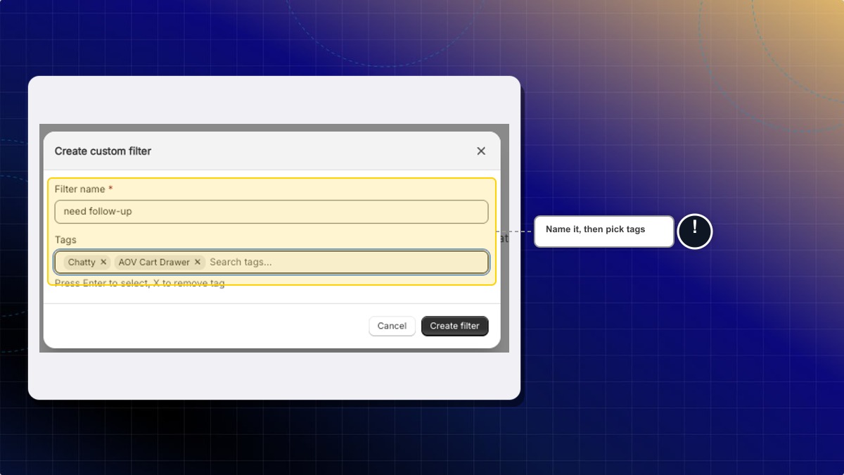 Create custom filter dialog with a filter name and tags