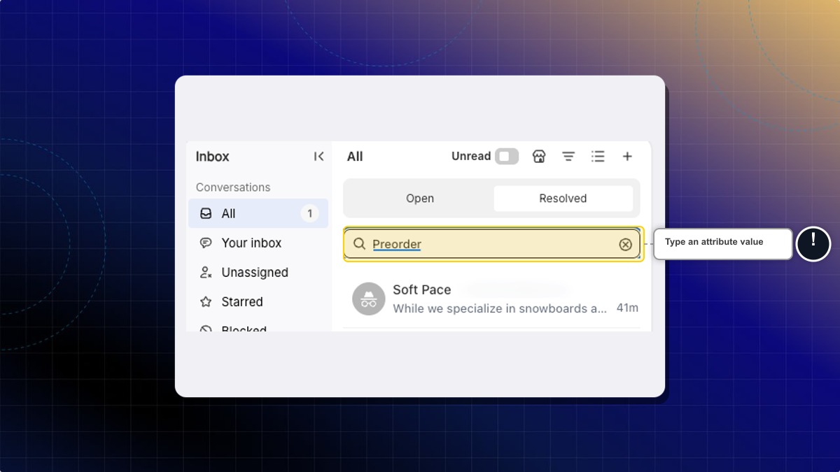 Inbox search bar with an attribute value typed in and the matching conversation below