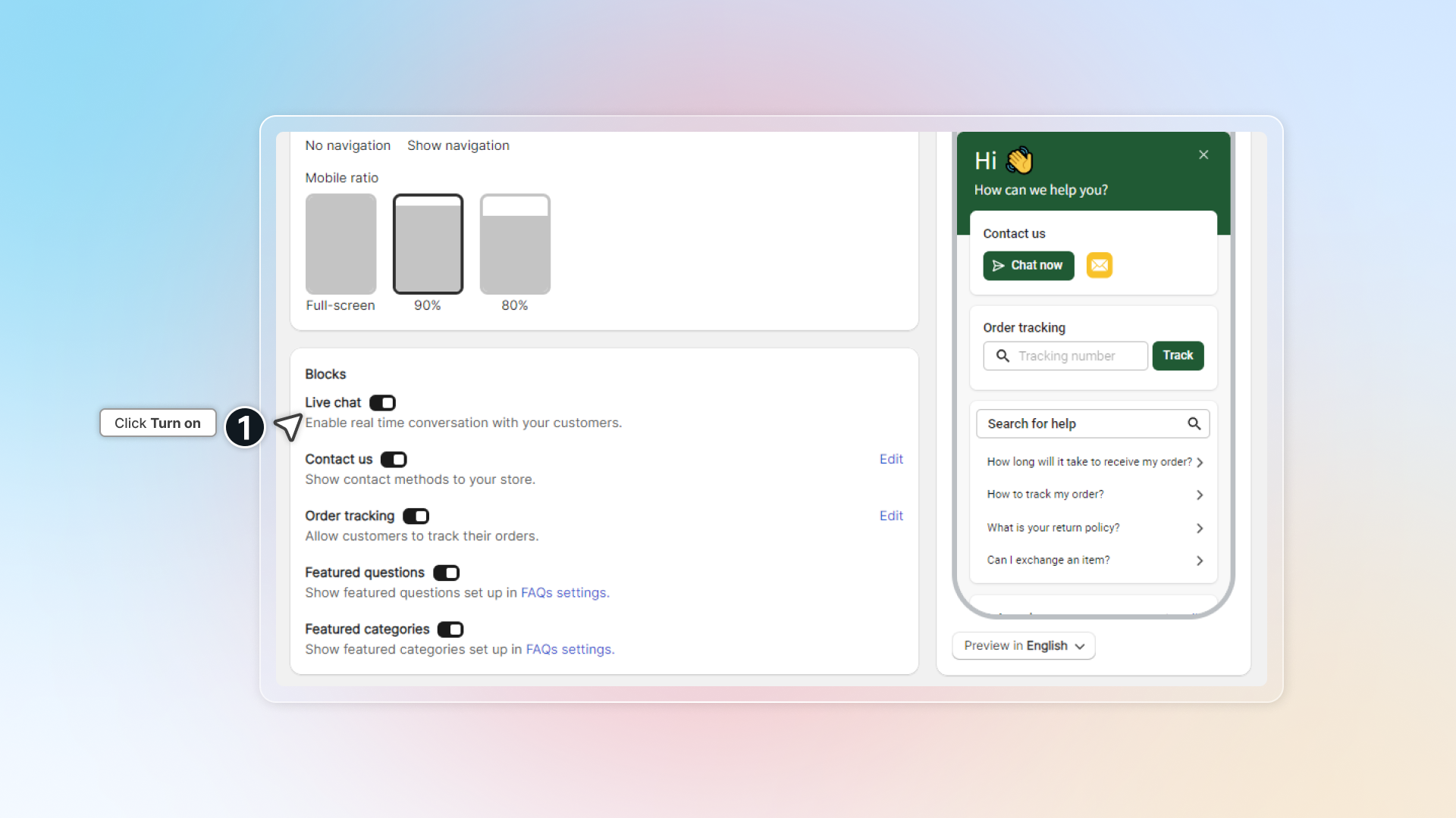 The Blocks list in General settings with the Live chat toggle on