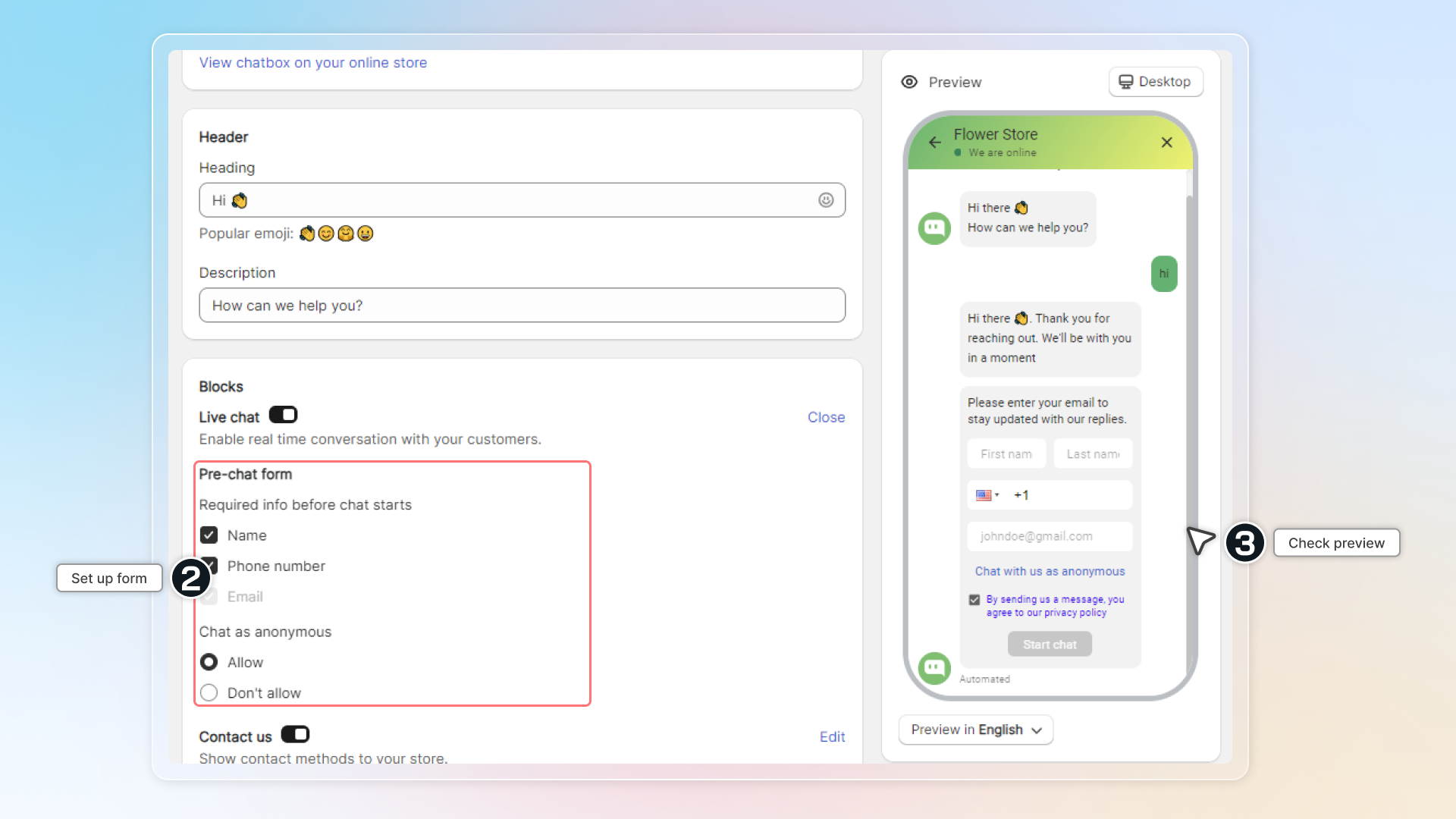 The pre-chat form settings with the required information options