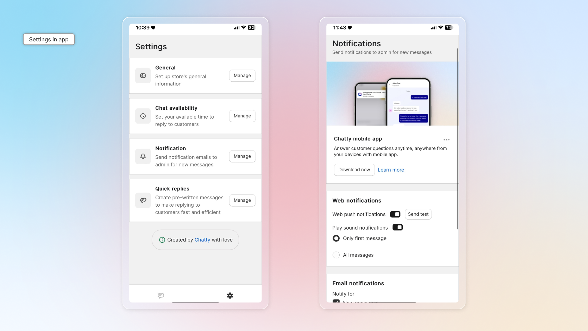 The Settings screen in the Chatty mobile app