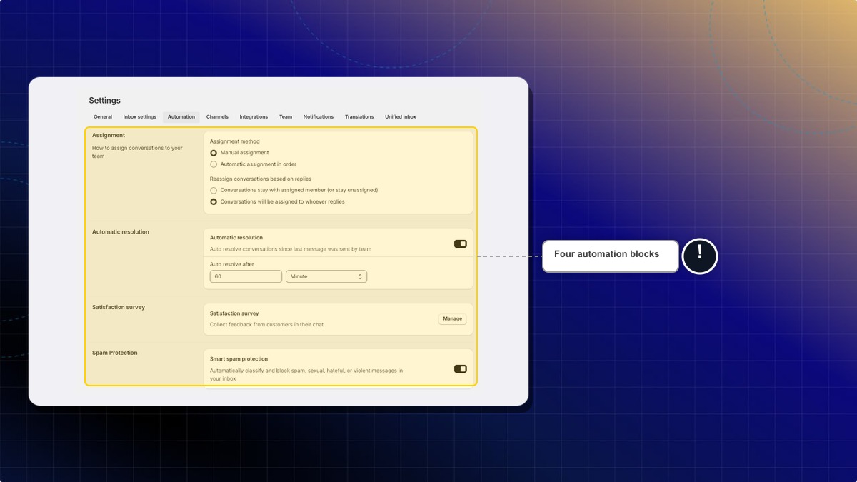 Settings Automation tab with its four blocks