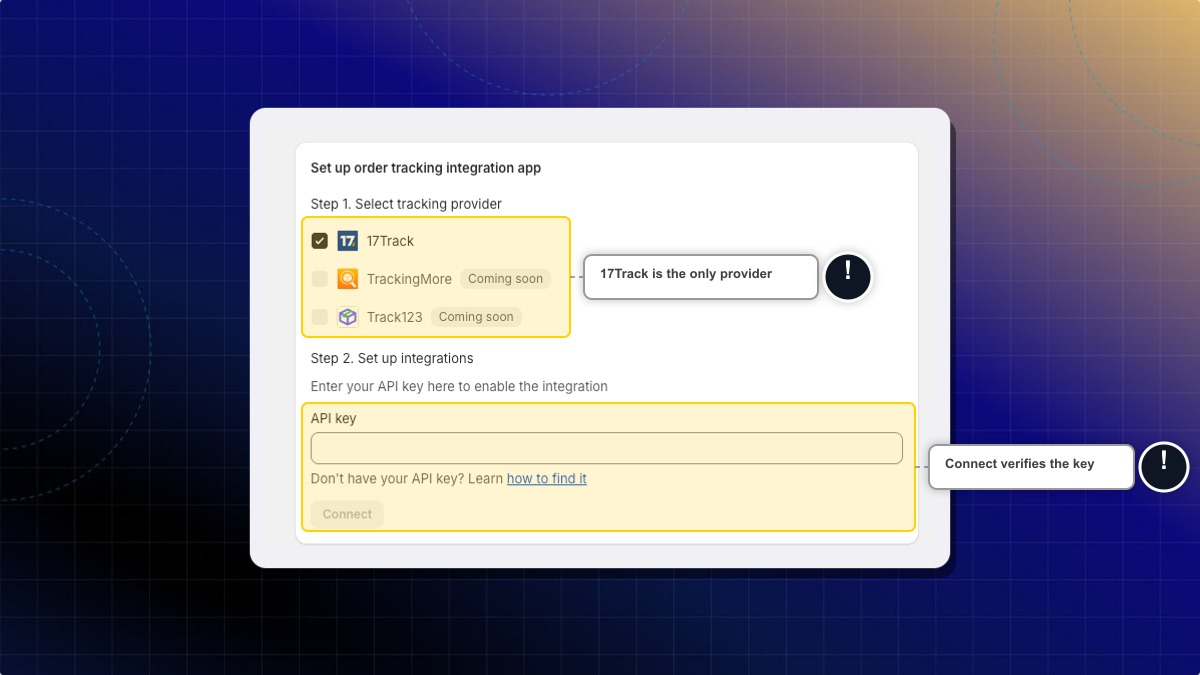 The tracking app panel with the provider list and the API key field