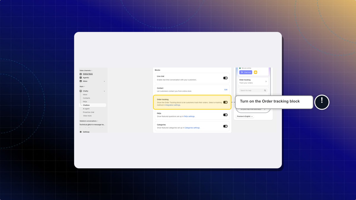 The Order tracking block turned on in the Blocks section