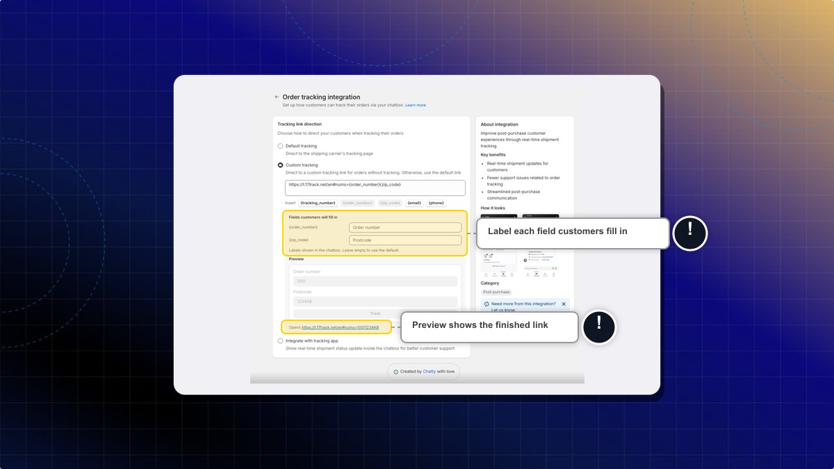 The field labels and the preview of the finished tracking link