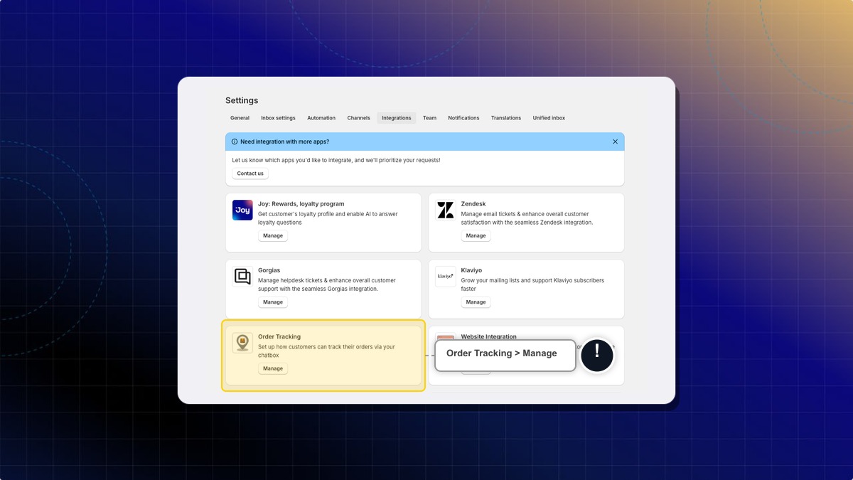 The Order Tracking card on the Integrations tab