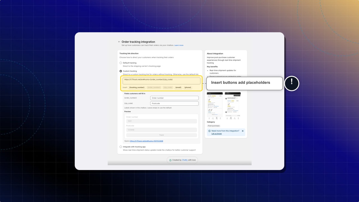 The custom tracking link with the Insert placeholder buttons below it