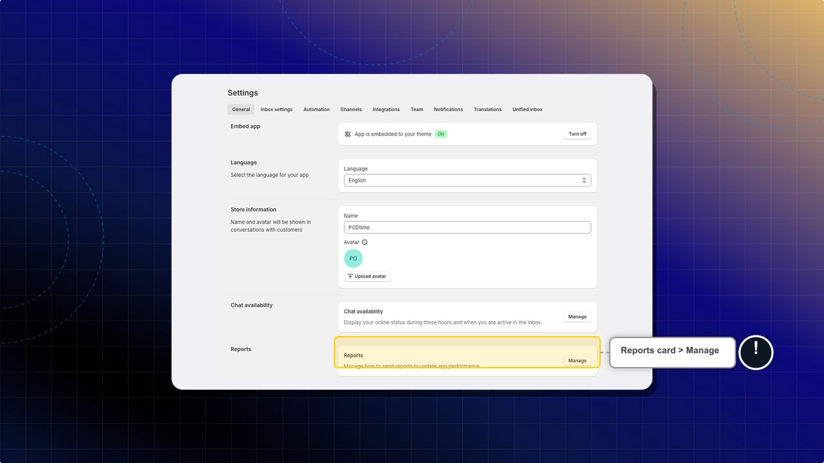 The Reports card on the Settings General tab
