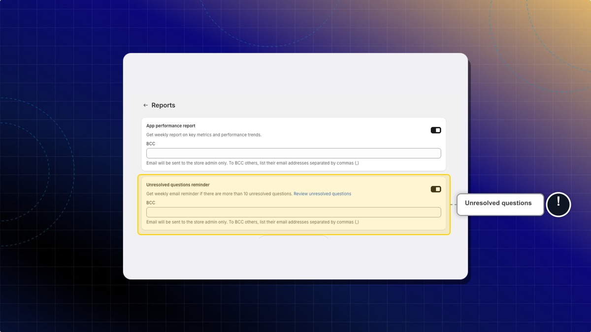 The Unresolved questions reminder card with its toggle and review link
