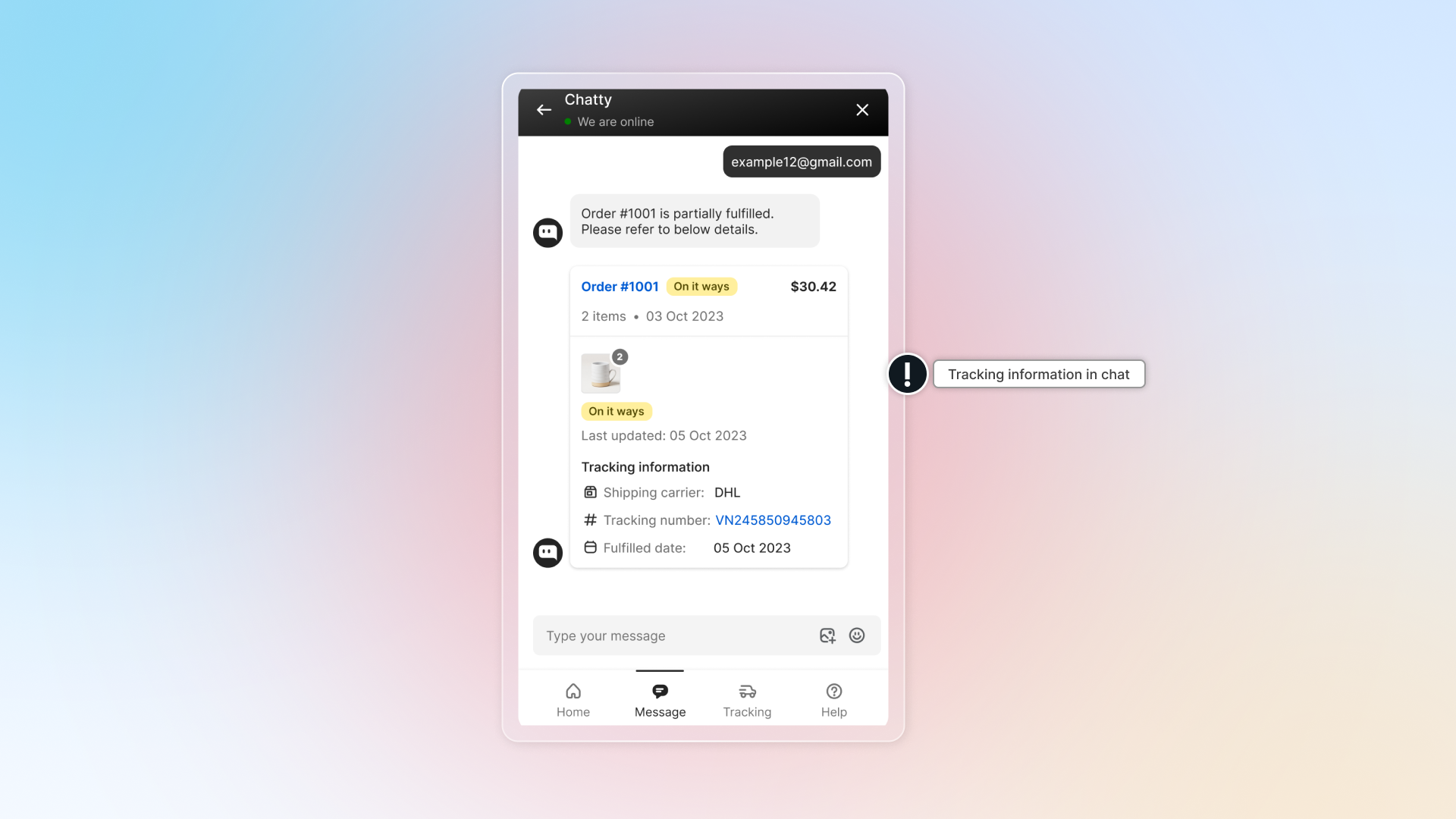 Tracking information shown inside a chat